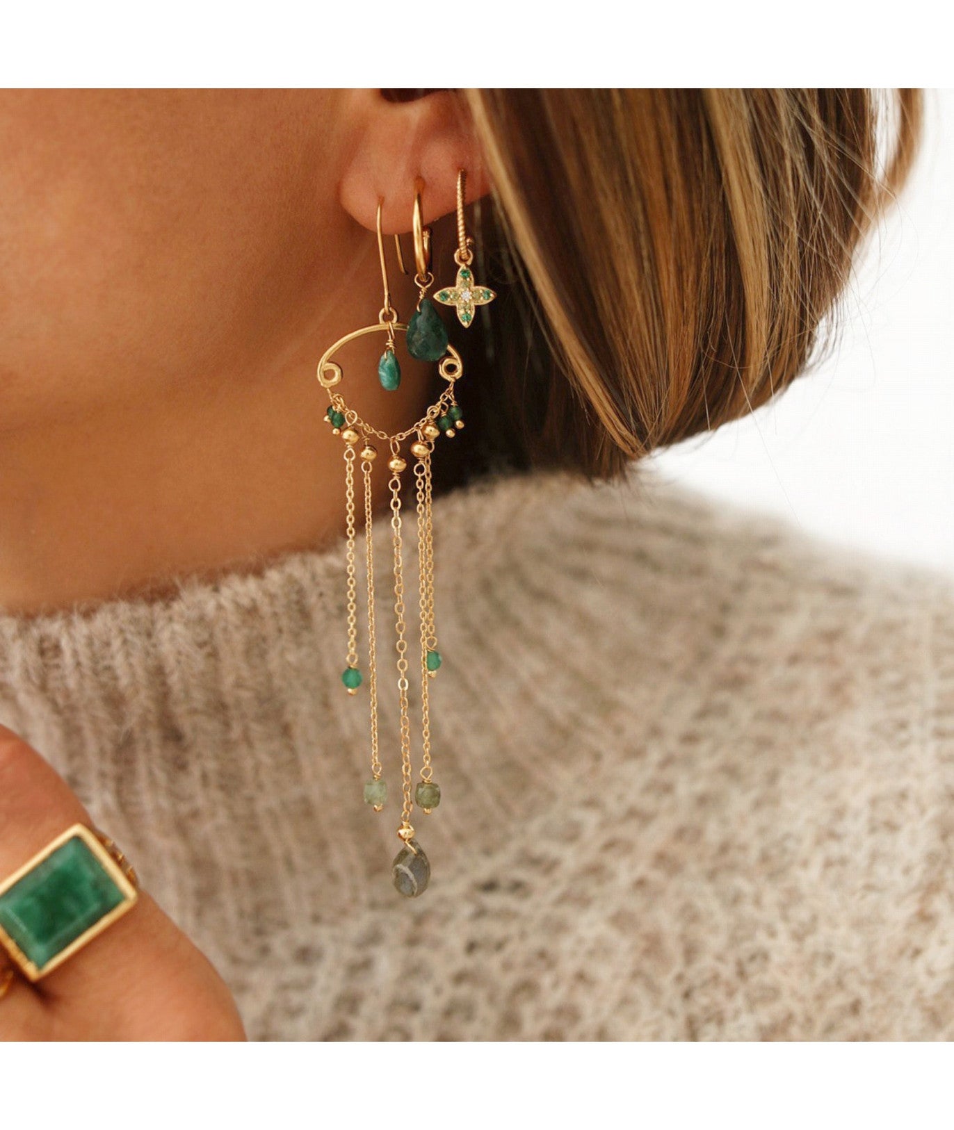 PENDIENTES Une a Une Gouttes multi emeraude